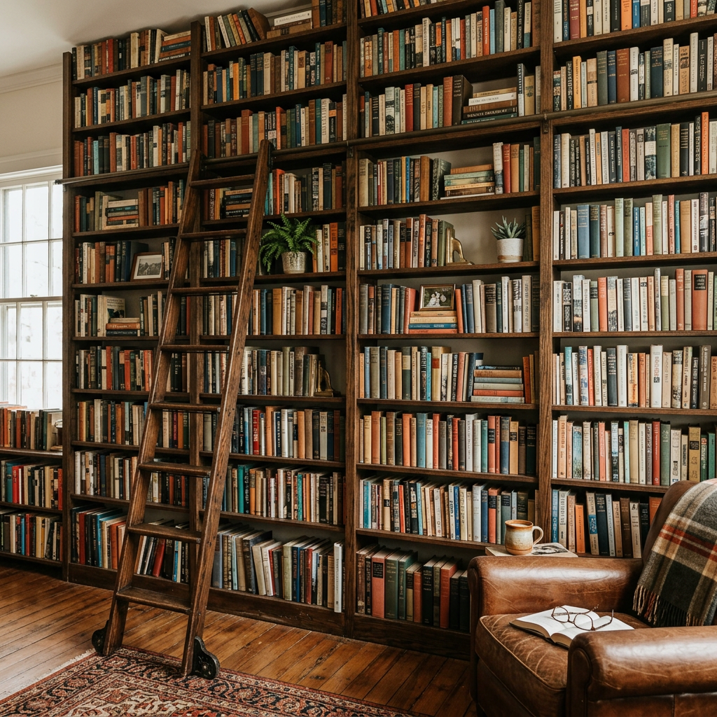 Home library with wooden shelves filled with books, ladder, leather armchair, and window light